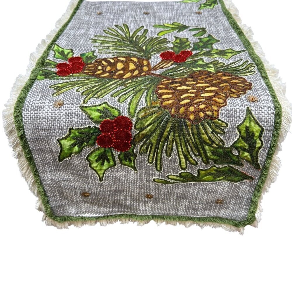 Holiday Table Runner Pine Cones and Holly Cotton Linen 14x68 Christmas Decor